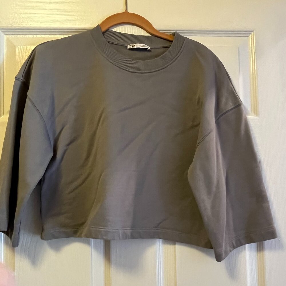 Zara Dark Grey Cropped 3/4 Length Sleeve Sweatshirt Size S